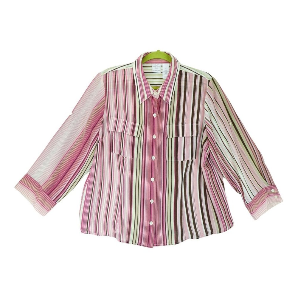 Emma James Woman Striped Blouse Buttom Down Size 1X Colorful Rolltab